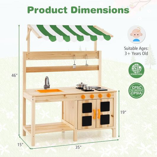 Mud Kitchen Fir Wood Play Kitchen with Canopy and Sink and 4 Stoves-Natural-1